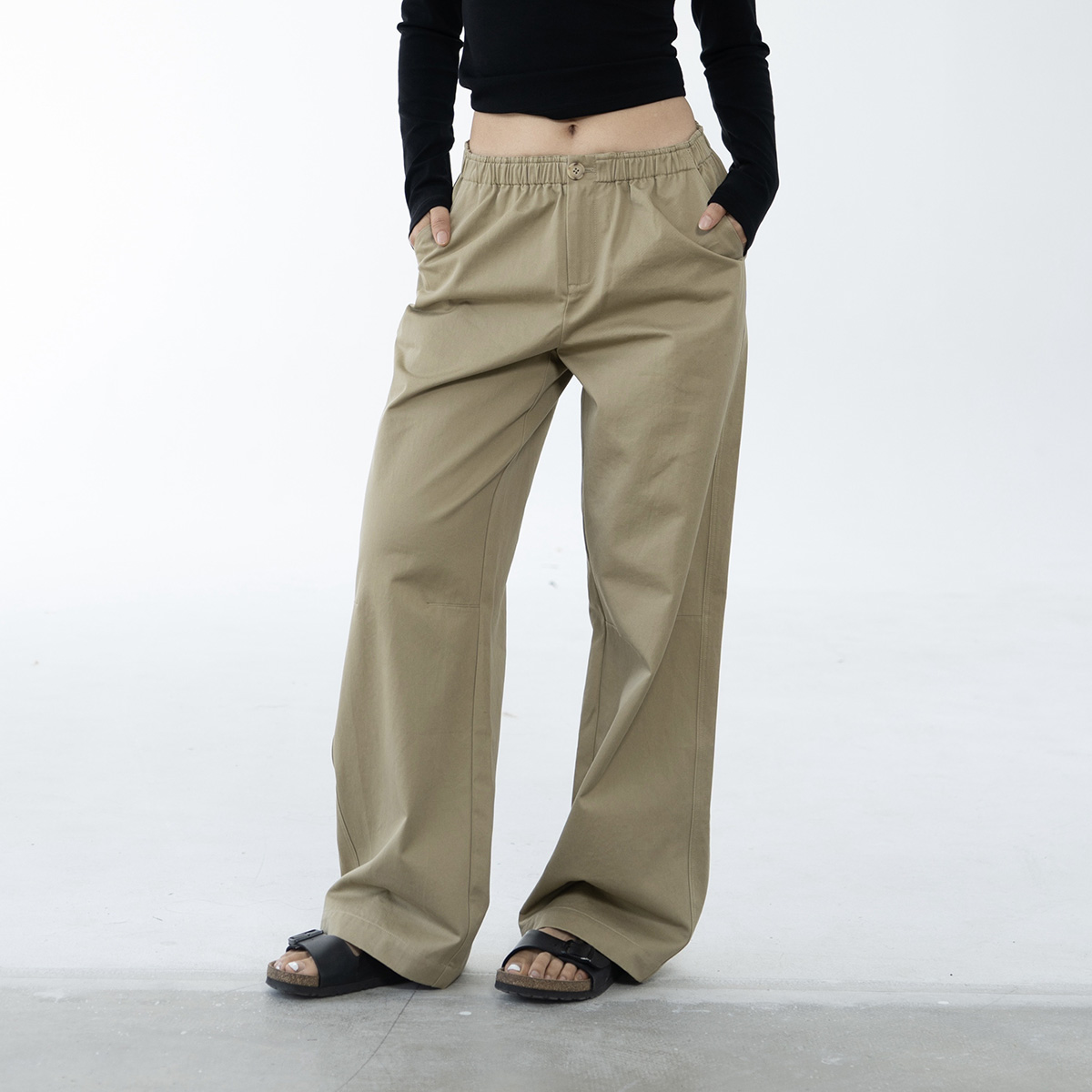 Ravehouse简约中腰松紧腰工装百搭白色卡其色休闲裤长裤