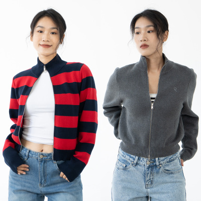 Ravehouse条纹彩色灰色百搭纯棉质感厚实立领毛衣外套秋冬