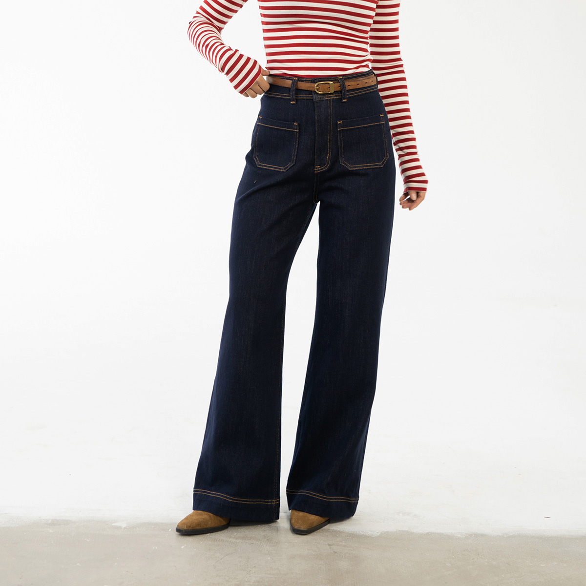 Ravehouse简约经典梨形显瘦法式阔腿宽松喇叭牛仔裤不掉色四面弹