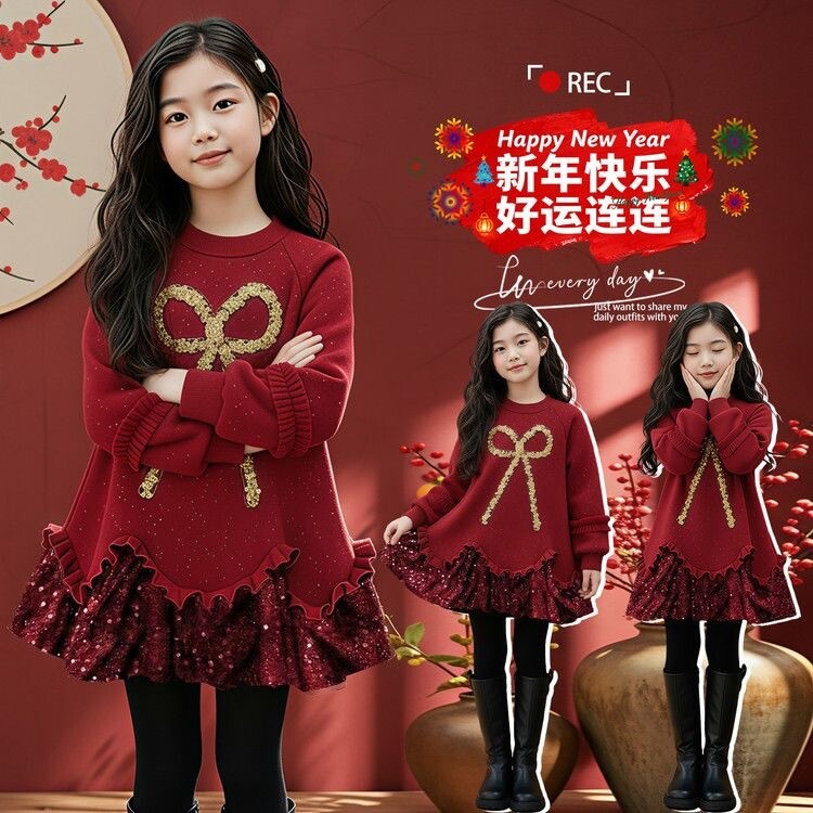 正品女童加绒亮片裙子新年连衣裙女孩喜庆红色卫衣裙洋气年服