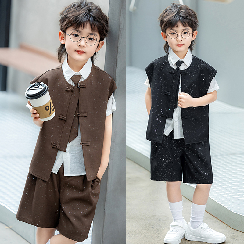 新中式男童西装马甲套装夏季休闲儿童国风礼服男孩小主持人演出服