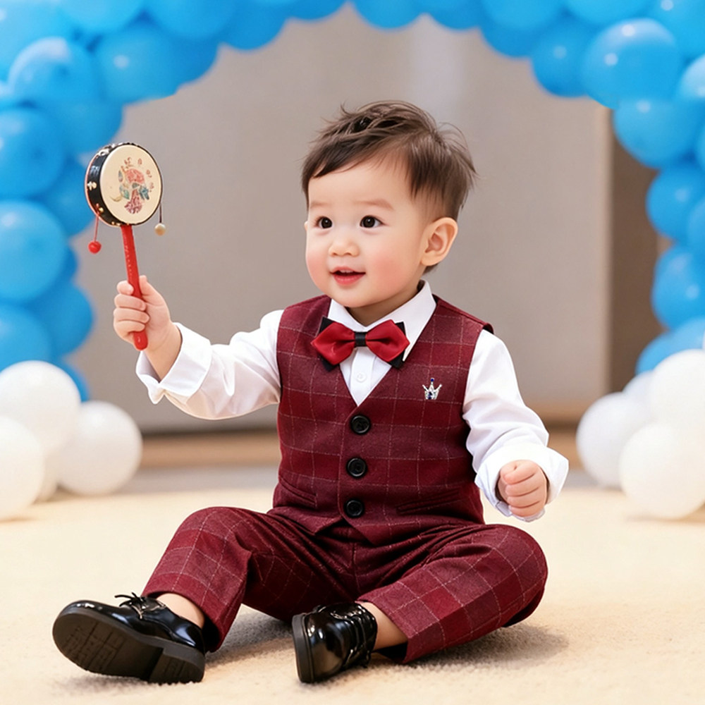 男宝周岁生日宴礼服男童西装套装帅气英伦潮花童婚礼男孩马甲西服