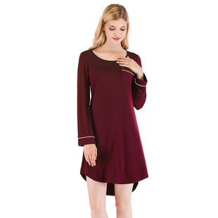 套头宽松长袖 莫代爾女式 圓睡裙圆领简约女家居 新款 2022春夏季