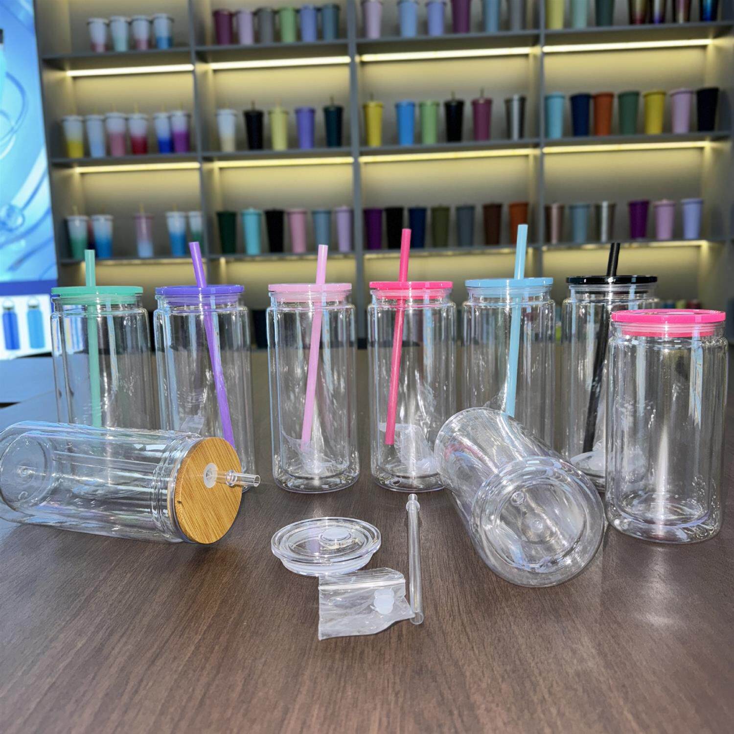 20oz透明双层塑料杯PC塑料梅森杯底部带孔带塞子DIY闪粉雪球水杯