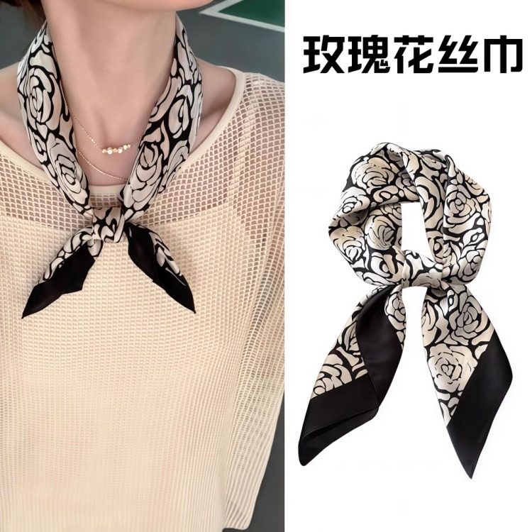 100%桑蚕丝玫瑰花丝巾系脖高级感气质小方巾夏天护颈薄妈妈款真丝图片