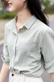 女秋季 薄款 长袖 文艺范小众宽松大码 打底衬衣 上衣2025新款 棉麻衬衫