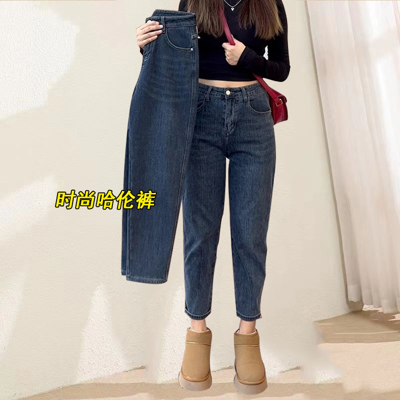 深蓝色弹力显瘦直筒牛仔裤女20大码裤装