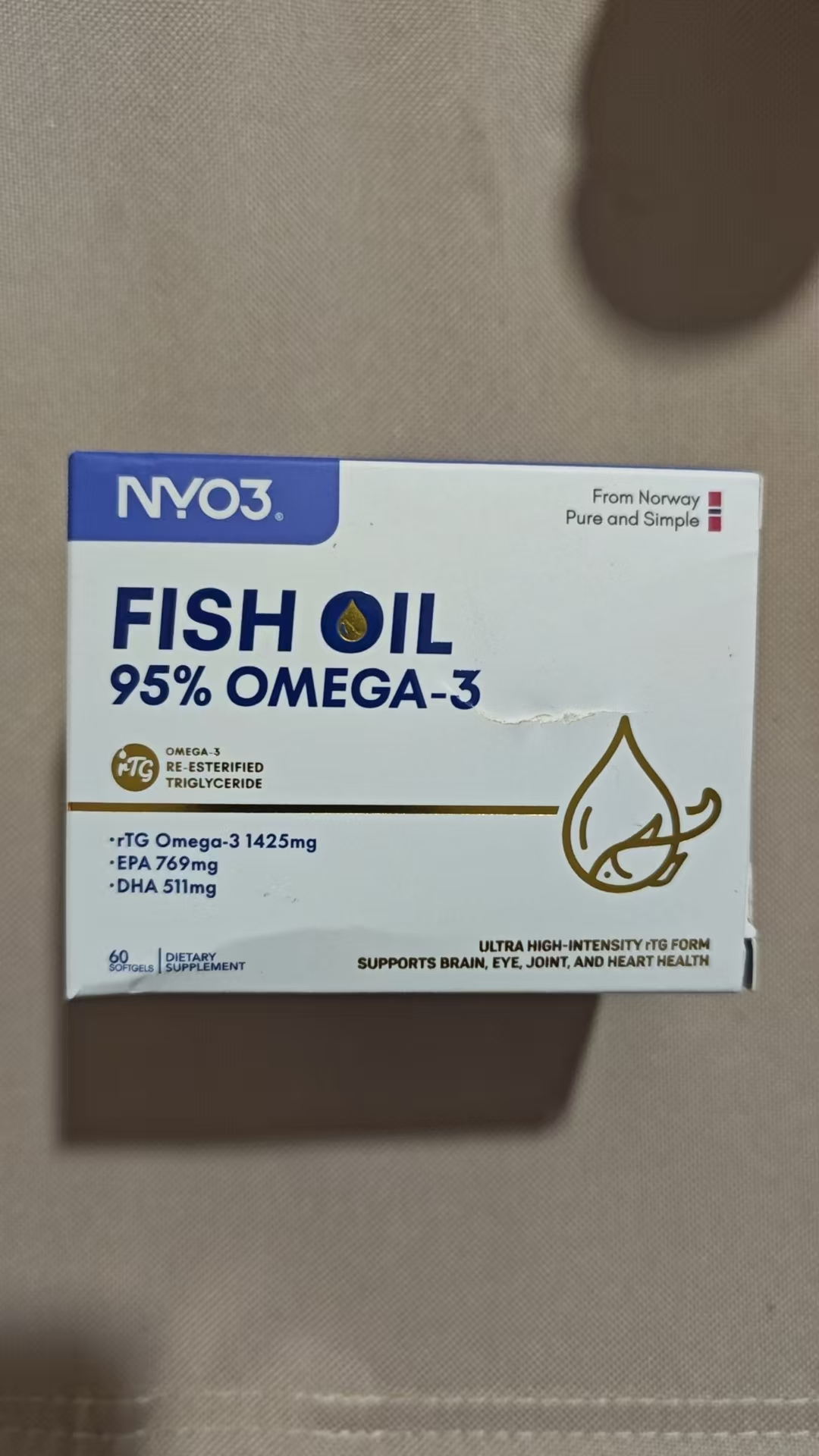 挪威NYO3进口95%高纯度omega3深海鱼油rTG型DHA成人EPA中老年60粒
