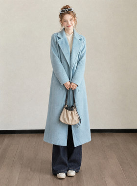 浅蓝色毛呢子大衣女冬季新款韩版宽松加厚小个子长款过膝棉服外套