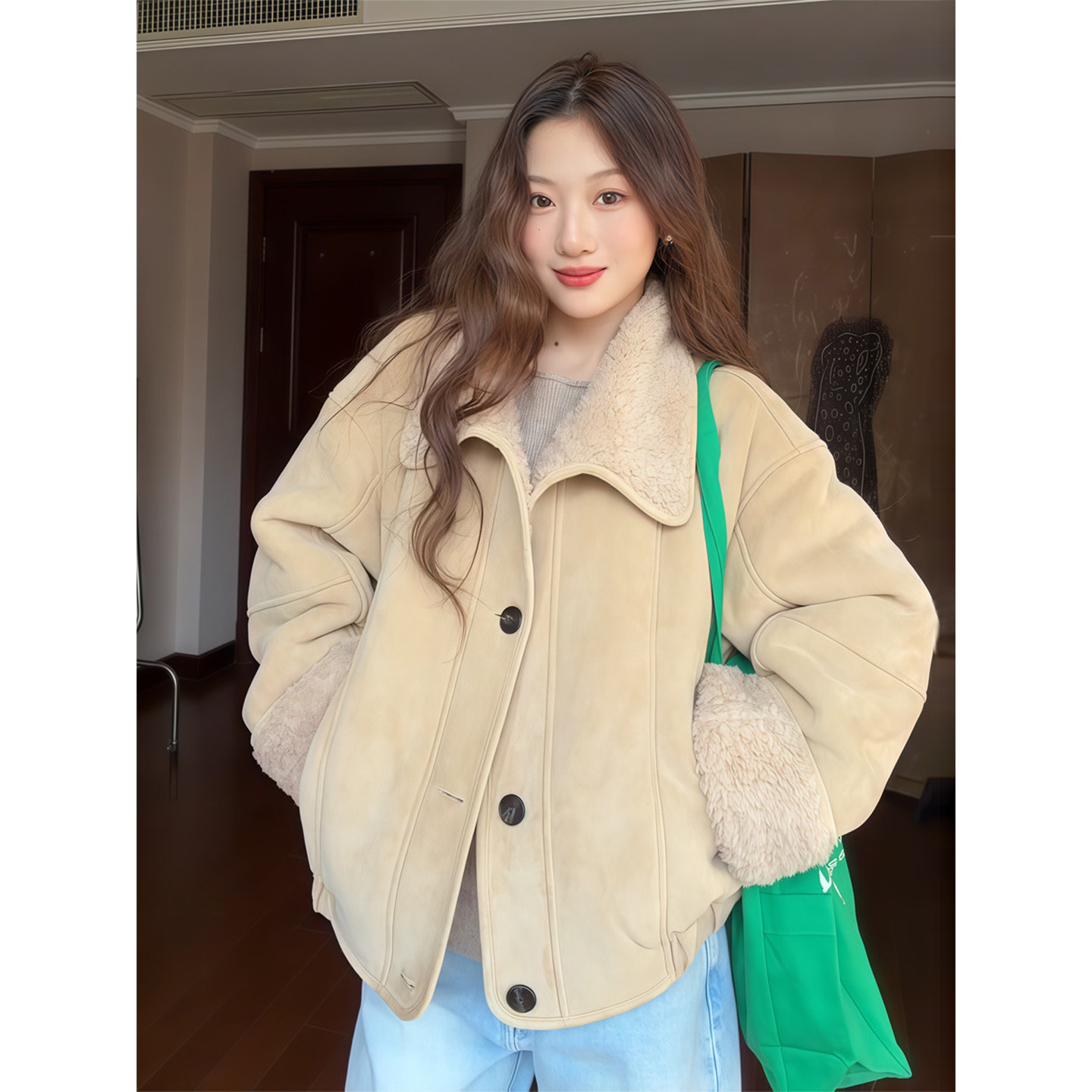 韩系慵懒风皮毛一体外套女秋冬加厚保暖仿羊羔毛机车服设计感上衣
