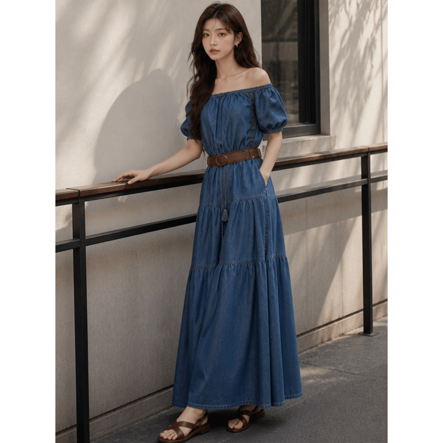 高级感牛仔连衣裙女士长款过膝一字肩露肩裙子气质女神范显瘦长裙图片