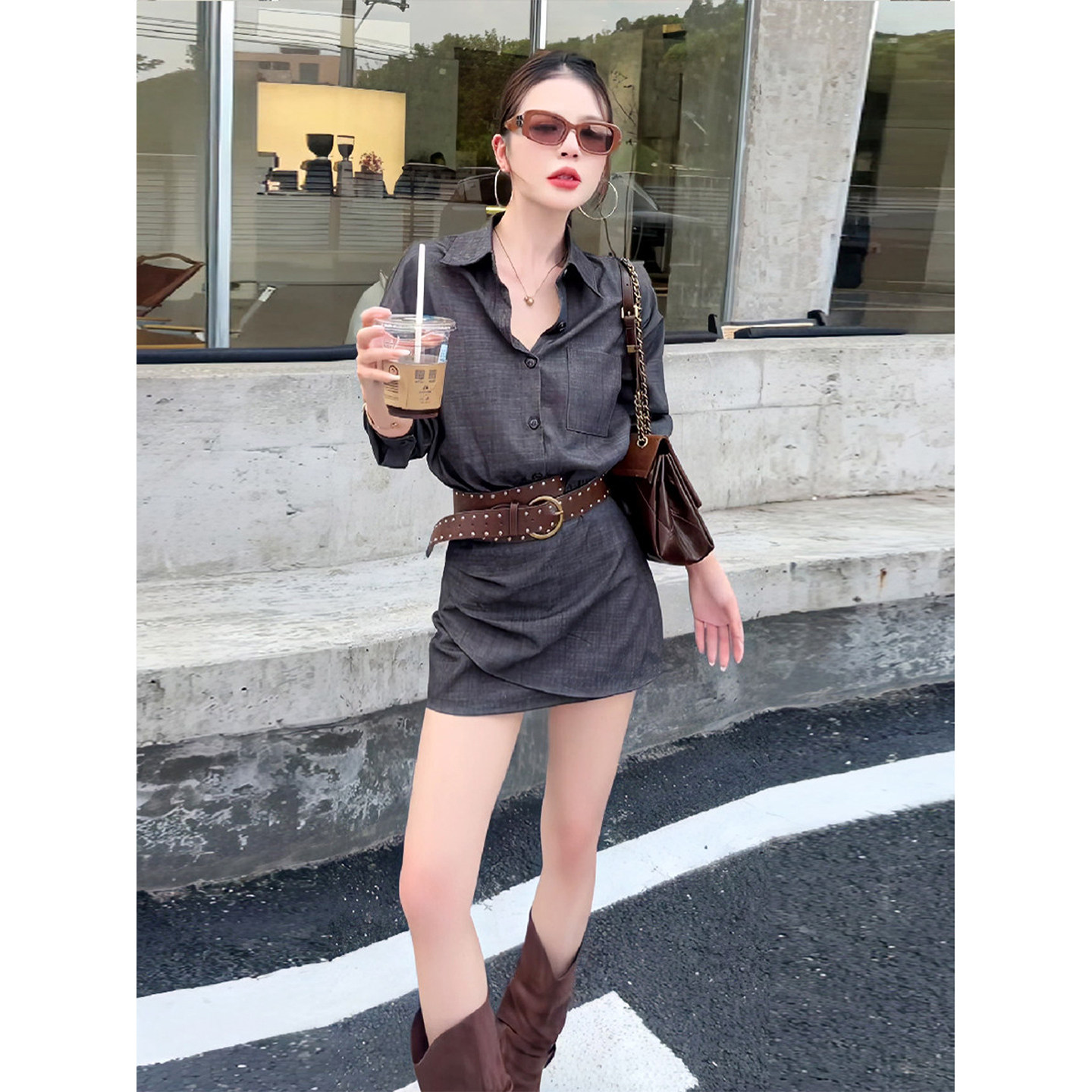 甜酷风灰色衬衫裙套装女早秋款收腰显瘦设计感上衣气质短裙两件套图片