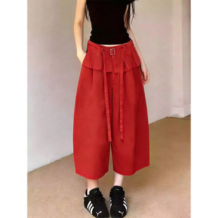设计感夏季小众红色工装阔腿裤女高腰垂坠感宽松显瘦百搭休闲裤子