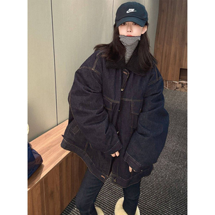 韩系宽松深蓝色翻领牛仔棉服外套女冬季新款时髦百搭休闲夹克上衣