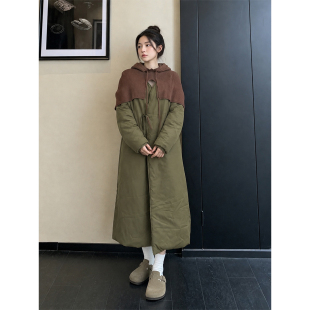 设计感小众拼接斗篷棉服女2026中长款过膝宽松慵懒风加厚保暖棉衣