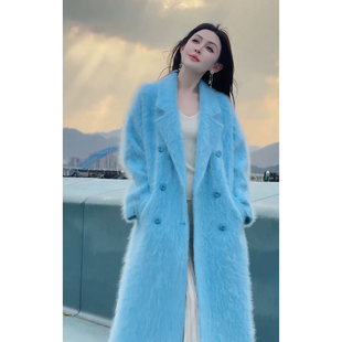 法式复古浅蓝色大衣女2026冬季优雅气质收腰显瘦中长款毛呢外套潮