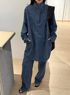 法式复古气质牛仔套装女2026秋中长款衬衫高腰阔腿拖地裤两件套潮