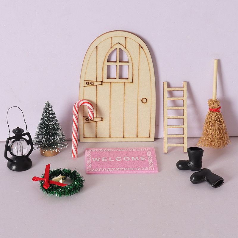 Dollhouse娃娃屋圣诞场景 油灯门片圣诞树模型童话门绘画DIY装饰