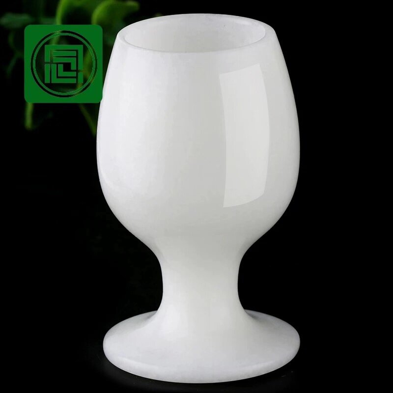 念玉天然阿富汗玉酒杯子小高脚杯碳酸盐质玉酒具白色50毫升带证书