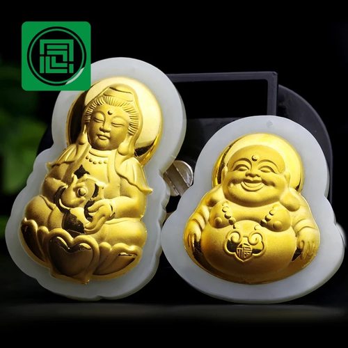 念玉999足金镶玉观音佛挂件天然