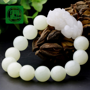 念玉天然和田玉貔貅手链14厘圆珠新疆羊脂玉白玉貔貅手串男女