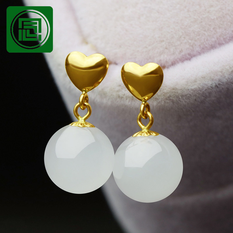 念玉新疆和田玉耳坠羊脂玉白玉耳钉女款耳环18K黄金镶爱心圆珠