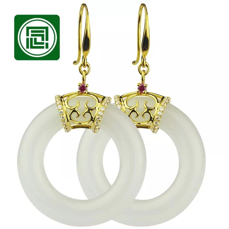 念玉18K黄金镶玉耳环和田玉白玉耳坠羊脂玉耳钉玉环玉石带证书