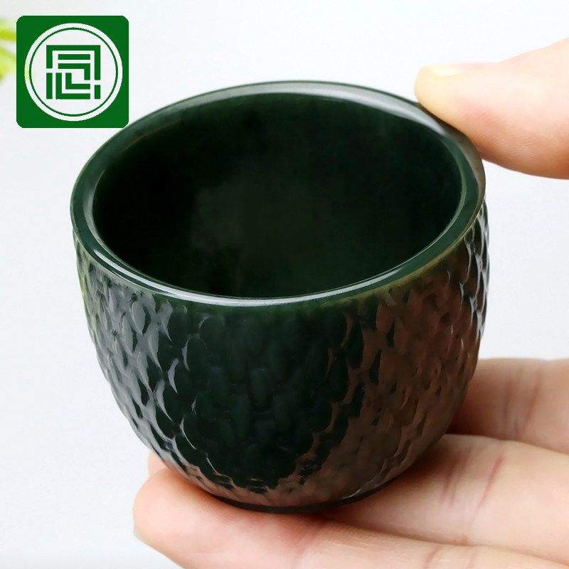 念玉新疆和田玉杯子玉石茶杯天然青玉酒杯超薄夜光杯雕花竹编单杯