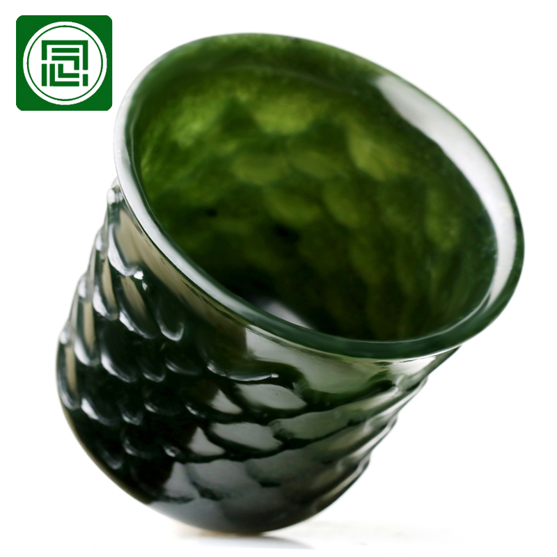 念玉新疆和田玉杯子玉石茶杯天然青玉酒杯超薄夜光杯水波龙鳞单杯