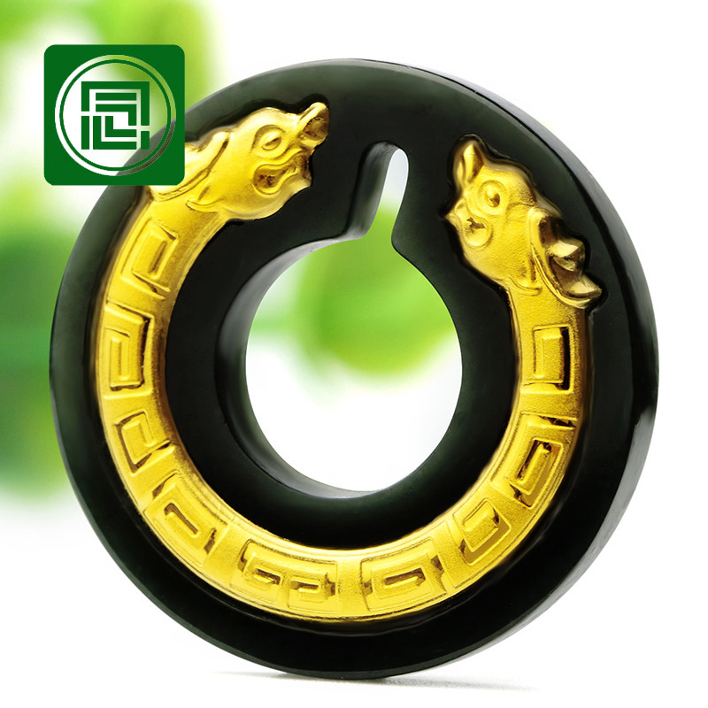 念玉新疆和田玉挂件999足金镶玉项链坠黑青玉平安扣吊坠玉璧男款