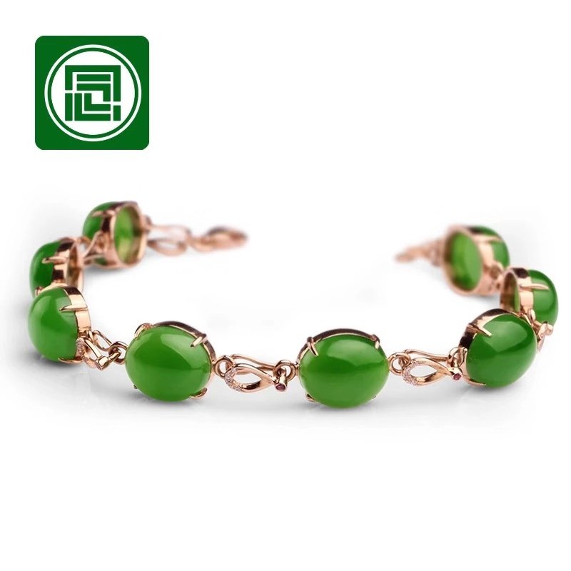 念玉珠宝金镶玉和田碧玉手链女款18K玫瑰金彩金和田玉手链转运珠