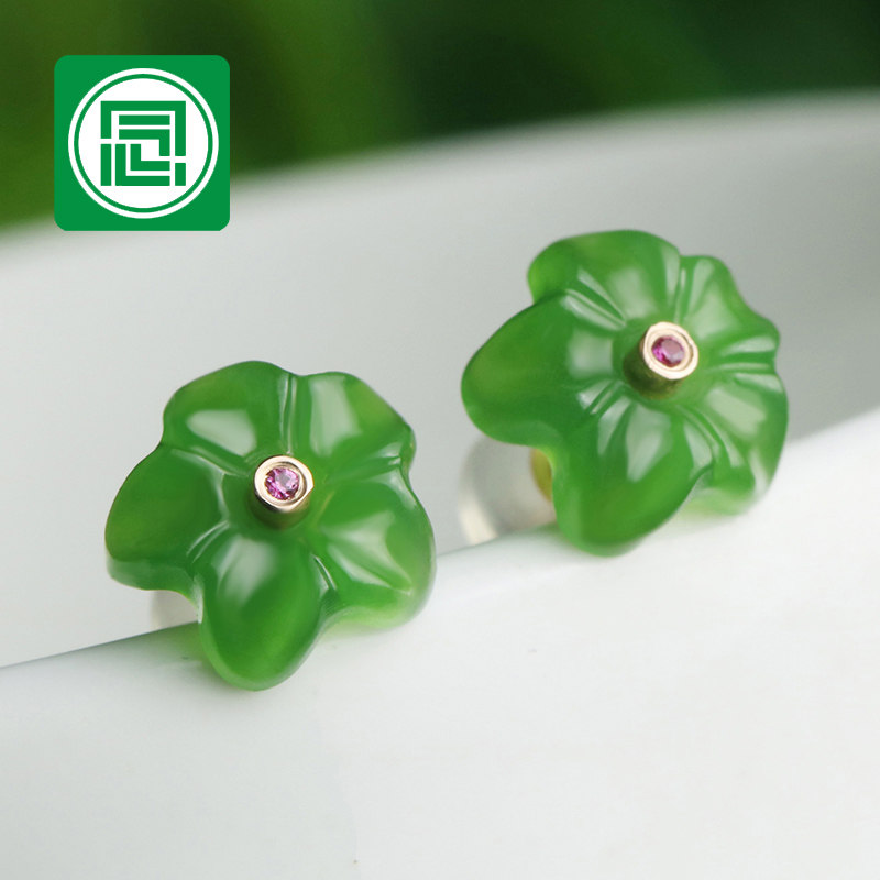 念玉珠宝18K黄金镶玉耳环女款天然和田玉耳坠喇叭花碧玉耳钉镶钻