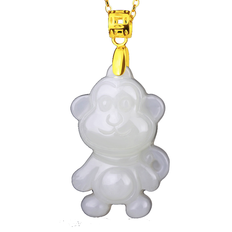 念玉珠宝黄金镶玉吊坠和田玉坠白玉猴项链坠女款萌银生肖挂件