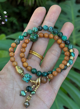 一安手作 松石檀香木撞色叠戴手串 小众设计师款 按手围定制