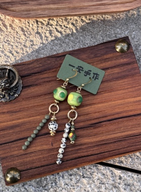 一安手作 原创手工中古vintage耳坠 绿色耳环 小众个性长耳环