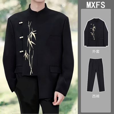 新中式西装立领折枝金竹刺绣西服男士订婚中山装国风礼服婚礼唐装