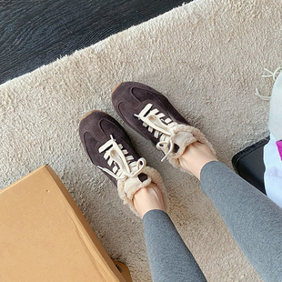 3CM内增高加绒德训鞋 休闲鞋 女2025冬季 复古系带阿甘鞋 新款 羊毛版