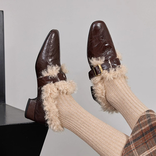 牛皮版~英伦一字扣带粗跟玛丽珍鞋女新款加绒小皮鞋配裙子毛毛鞋