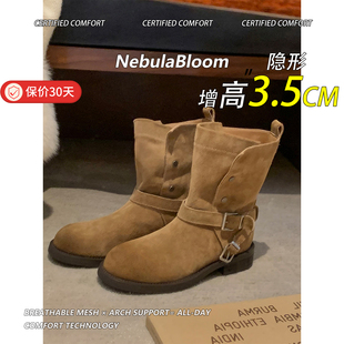 羊皮版 增高3.5cm褶皱骑士靴女美拉德复古擦色皮带扣粗跟西部短靴