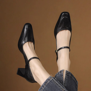 牛皮版~英伦复古方头浅口单鞋女不累脚粗跟绝美一字扣带玛丽珍鞋