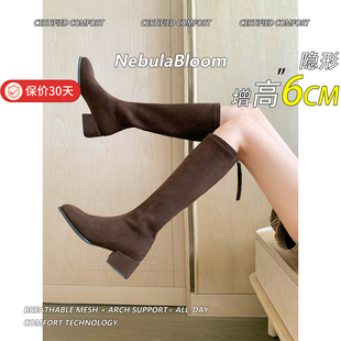 羊皮版 气质不过膝靴长靴女长筒骑士靴方头粗跟高筒弹力靴子 法式