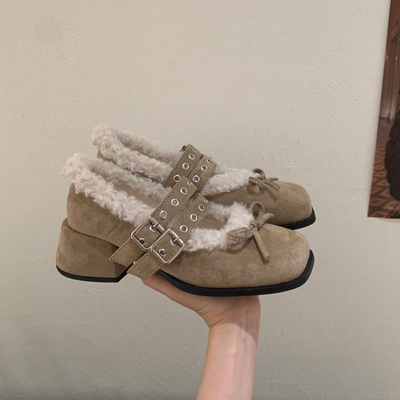 羊毛版！法式复古加绒玛丽珍鞋女