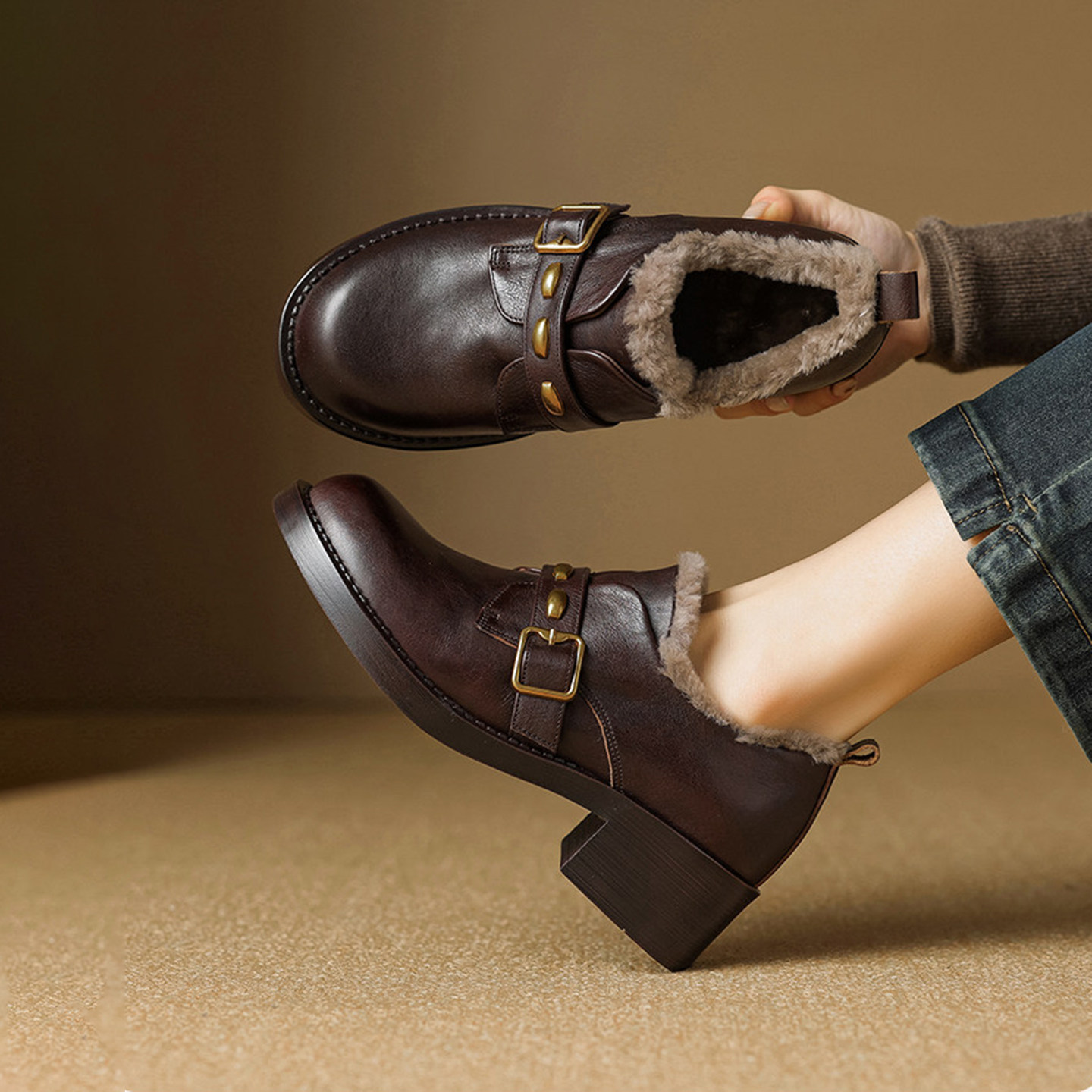 牛皮版~英伦风铆钉皮带扣乐福鞋女冬季通勤豆豆鞋粗跟加绒小皮鞋,女鞋,乐福鞋（豆豆鞋）,淘宝优惠券,粉丝福利购,淘宝优惠卷