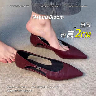 羊皮版~复古真皮侧空单鞋女法式平跟浅口显瘦通勤尖头约会小皮鞋