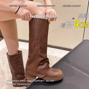 牛皮版~复古长筒裤管骑士靴女棕色不过膝高筒长靴辣妹显瘦长筒靴