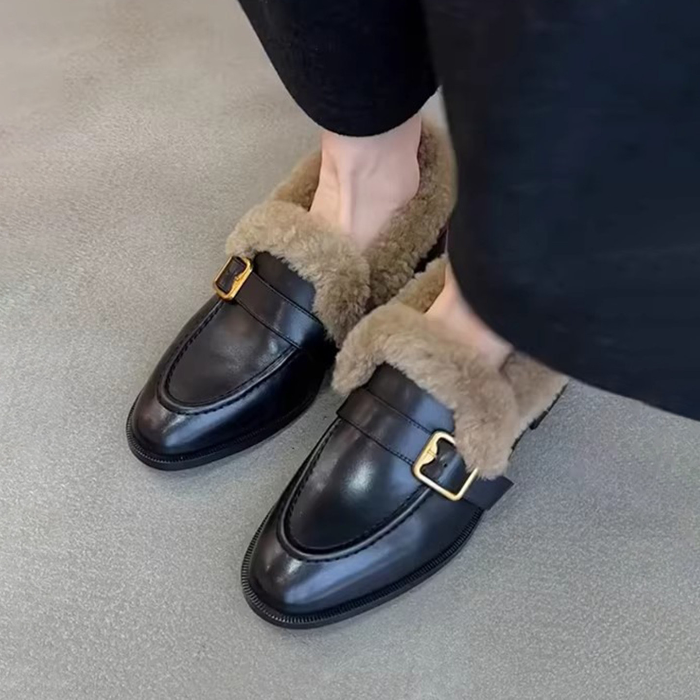 牛皮版~复古皮带扣加绒保暖乐福鞋女冬季新款毛毛鞋百搭粗跟单鞋,女鞋,乐福鞋（豆豆鞋）,淘宝优惠券,粉丝福利购,淘宝优惠卷