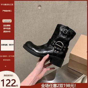 御姐风 英伦复古真皮金属扣马丁靴女时髦圆头百搭粗跟西部靴短靴