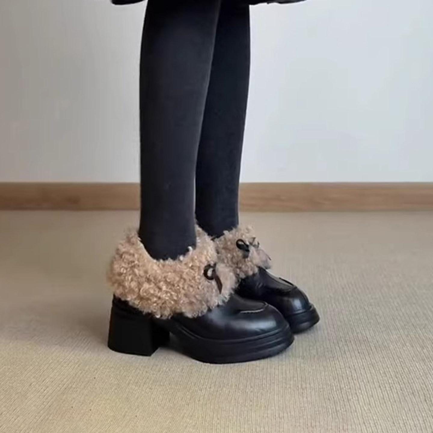 牛皮版~复古圆头蝴蝶结粗跟小皮鞋女英伦高跟毛毛乐福鞋玛丽珍鞋,女鞋,乐福鞋（豆豆鞋）,淘宝优惠券,粉丝福利购,淘宝优惠卷