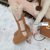 羊毛版 翻毛长筒皮带扣雪地靴女冬季 保暖加绒毛毛圆头厚底长筒靴