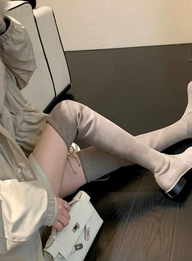 显腿长~SW过膝长靴女秋冬弹力绑带绒面粗跟瘦瘦靴高筒袜靴长筒靴
